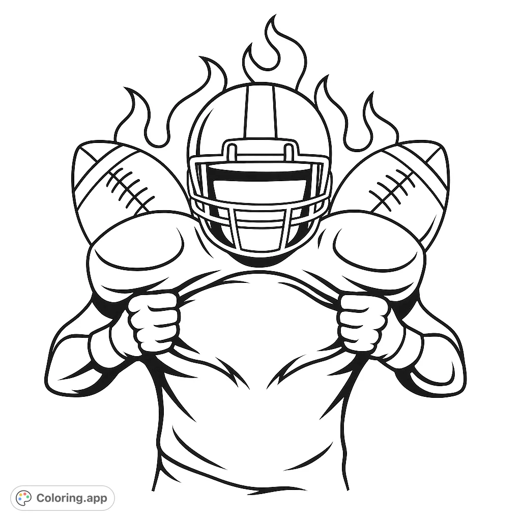 Dynamic football player tearing open a jersey with footballs and flame-like shapes, perfect for sports enthusiasts and aspiring athletes.