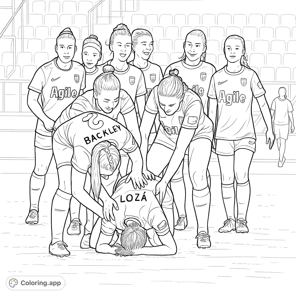 Capture the spirit of teamwork and support with this soccer coloring page. A group of female players surrounds a teammate, illustrating unity on the field.
