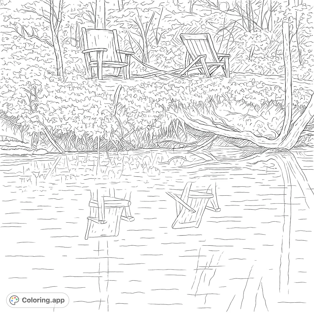 Discover a serene riverbank scene with two weathered chairs nestled among lush foliage, reflected in calm waters. A peaceful nature coloring page.
