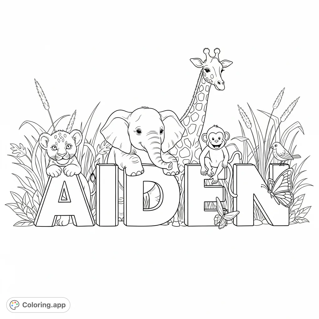 A delightful 'AIDEN' name coloring page featuring playful animals like a lion cub, elephant calf, giraffe, monkey, butterfly, and bird amidst whimsical foliage.