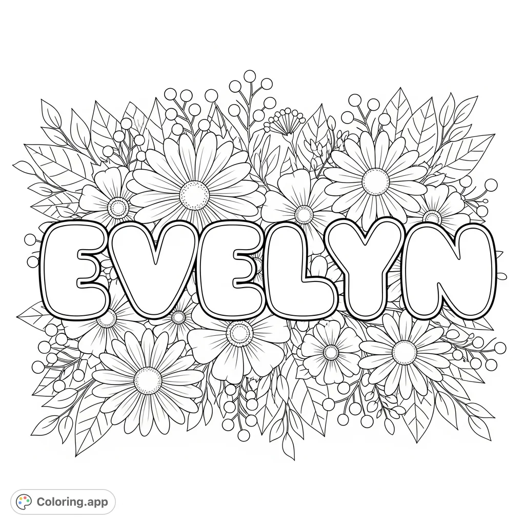 A beautiful EVELYN floral name coloring page featuring large bubble letters intertwined with a dense arrangement of daisies, blossoms, leaves, and berries. Perfect for personalization.