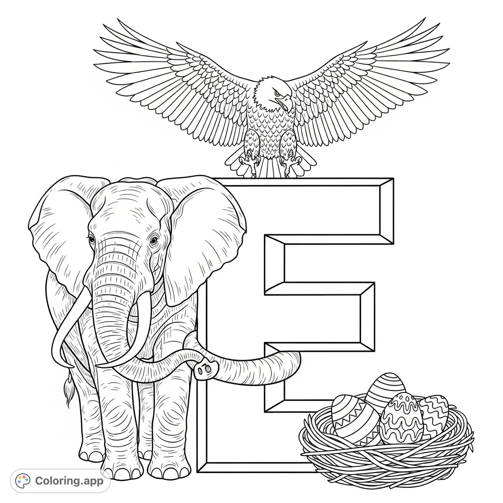 Explore the letter E with an elephant, eagle, and Easter eggs! A fun and educational coloring page for learning and creativity.