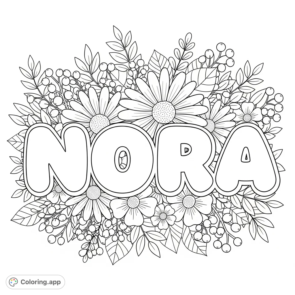 A beautiful NORA coloring page featuring the name in bubble letters, intricately intertwined with a lush border of daisies, blossoms, leaves, and berries. A delightful free printable coloring page for personalization.