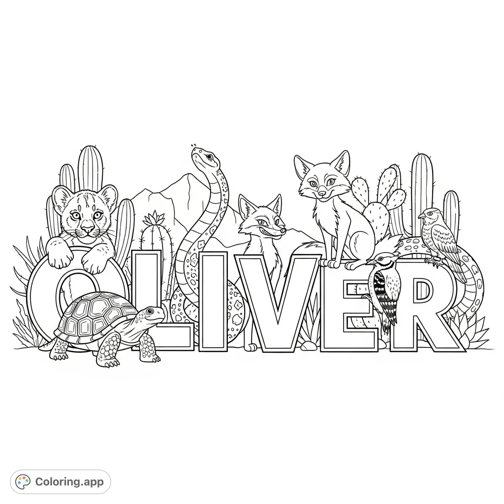 A unique 'OLIVER' coloring page featuring a mountain lion cub, desert tortoise, rattlesnake, coyote, woodpecker, and hawk amidst stylized desert flora.