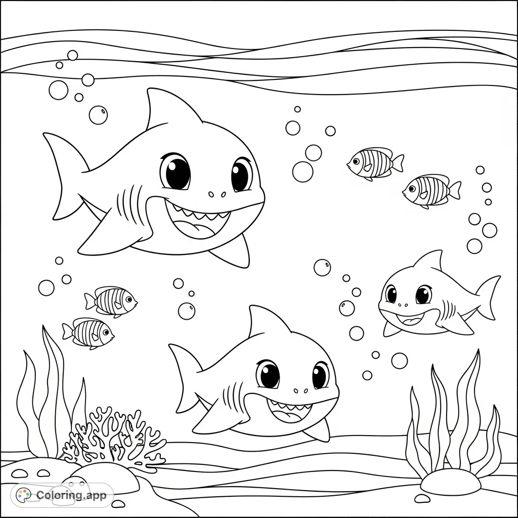 Dive into an adorable underwater adventure with three happy, cartoon-style baby sharks, playful fish, and bubbly ocean details. A delightful free printable coloring page for kids!