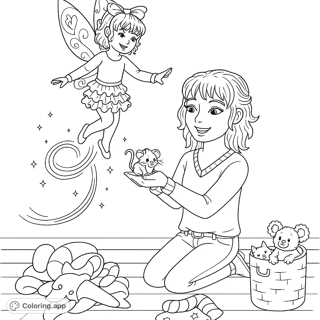 A delightful scene featuring a girl, a hovering fairy, and a tiny mouse, surrounded by a pile of clothes and a basket of toys. Perfect for imaginative coloring.