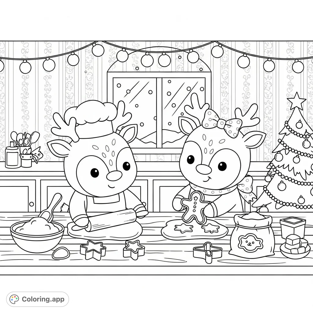 A delightful Kawaii Christmas kitchen scene featuring adorable reindeers baking gingerbread cookies. Perfect for festive coloring fun and holiday cheer!