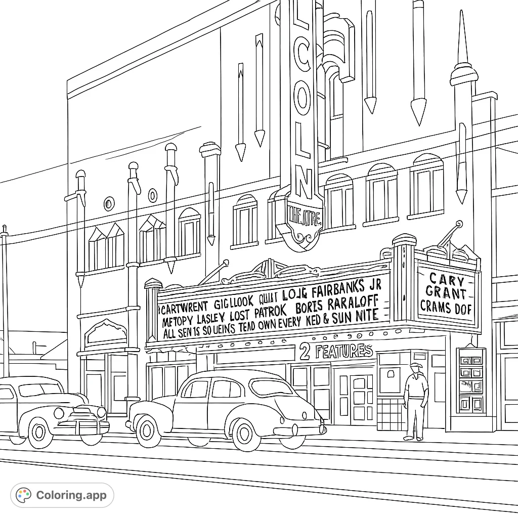 Step back in time with this vintage movie theatre street scene, featuring classic cars, pedestrians, and an ornate marquee. A nostalgic coloring adventure.