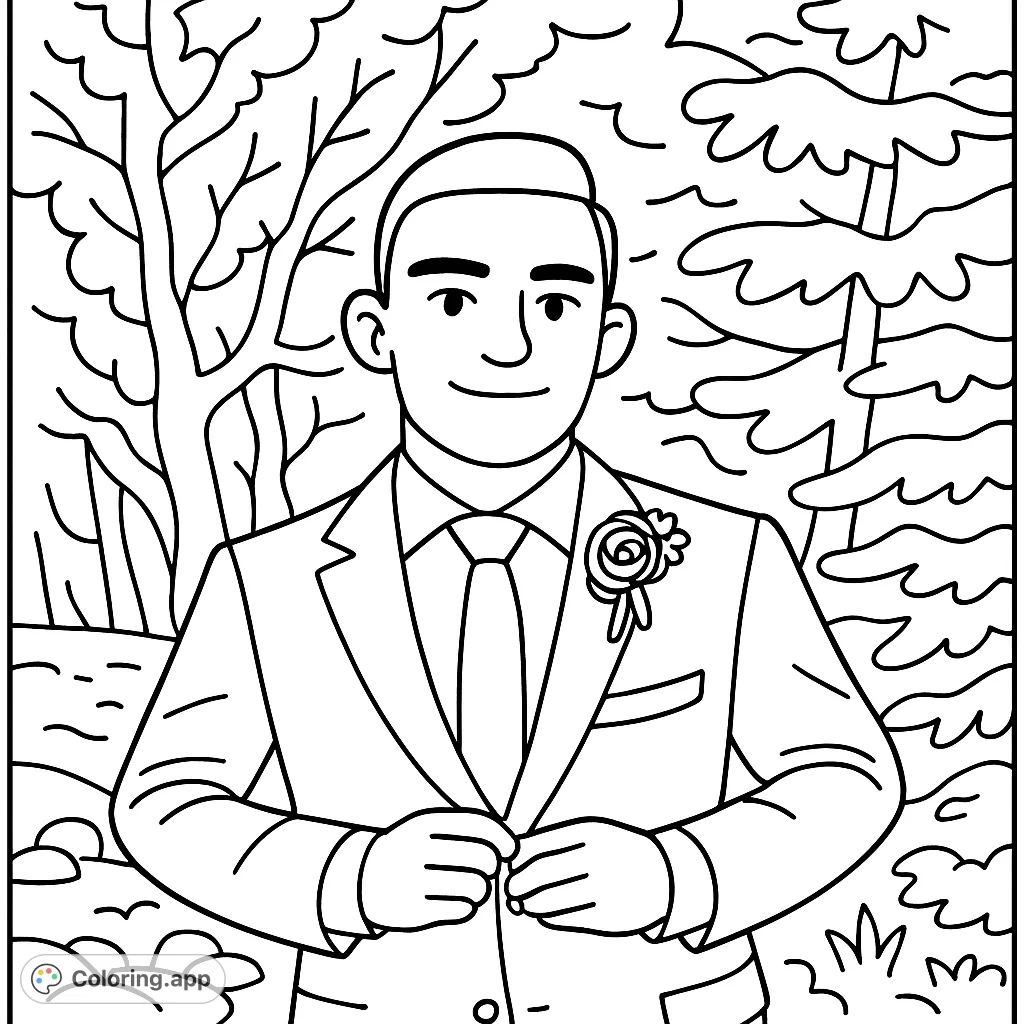 Color a dashing young man in a stylish suit, complete with a boutonniere, set against a natural outdoor backdrop. A charming and elegant scene.