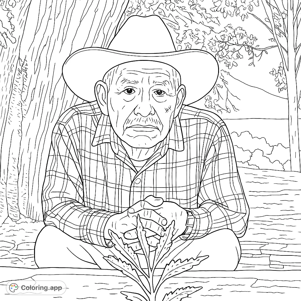 A thoughtful portrait of an older man in a cowboy hat, set against a natural landscape. Features a detailed plaid shirt and a foreground plant.