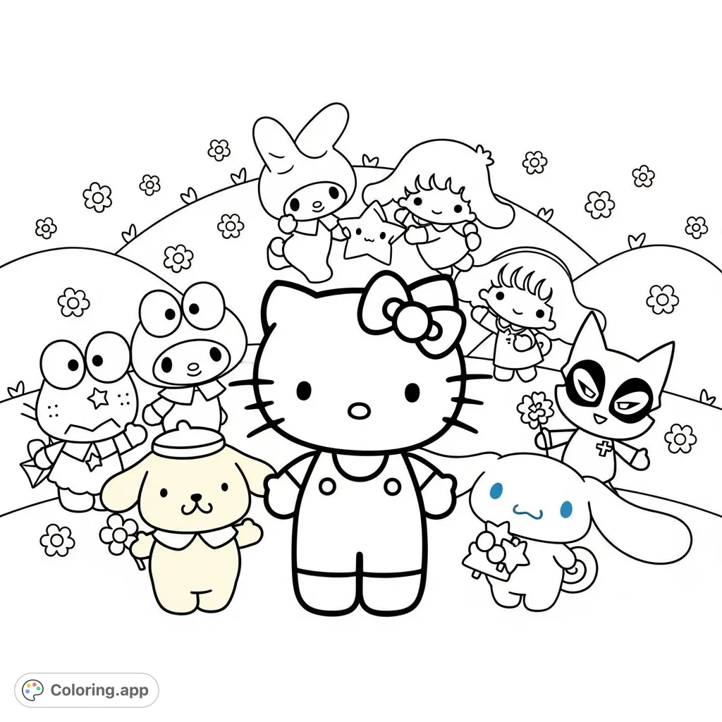 A delightful Hello Kitty coloring page featuring Hello Kitty, My Melody, Keroppi, and more friends in a charming, whimsical scene. Perfect for fans!