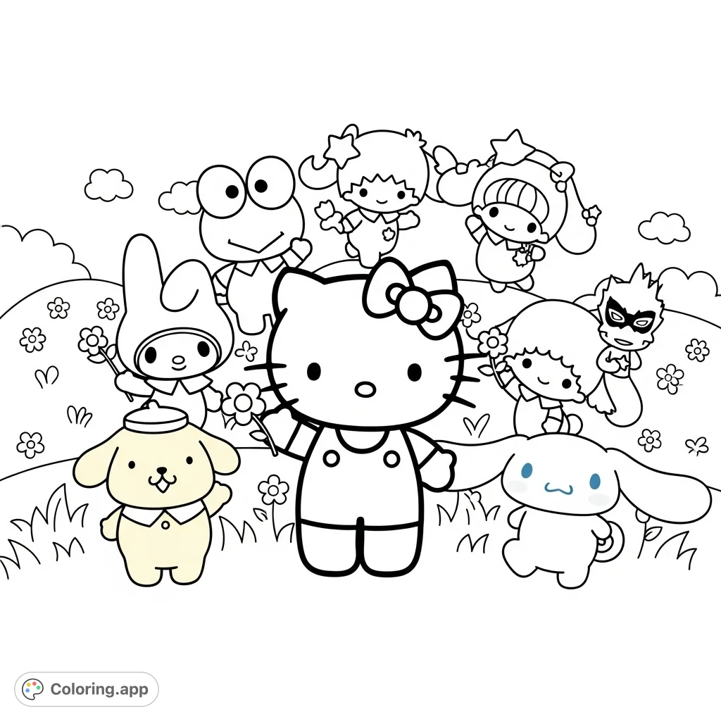 A delightful Hello Kitty coloring page featuring Hello Kitty, My Melody, Keroppi, and more friends in a charming, whimsical scene. Perfect for fans!