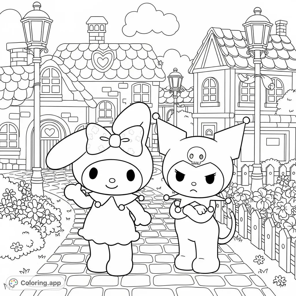 Join My Melody and Kuromi in their adorable town! My Melody is happy, Kuromi is grumpy, surrounded by charming buildings and a whimsical garden.