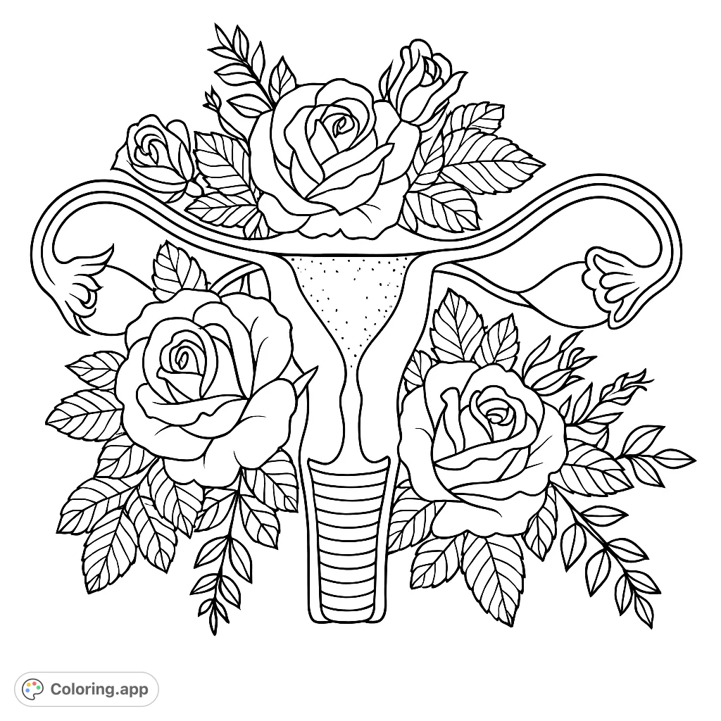 A beautiful anatomical floral coloring page featuring a uterus surrounded by intricate roses and leaves, perfect for mindfulness and creative expression.
