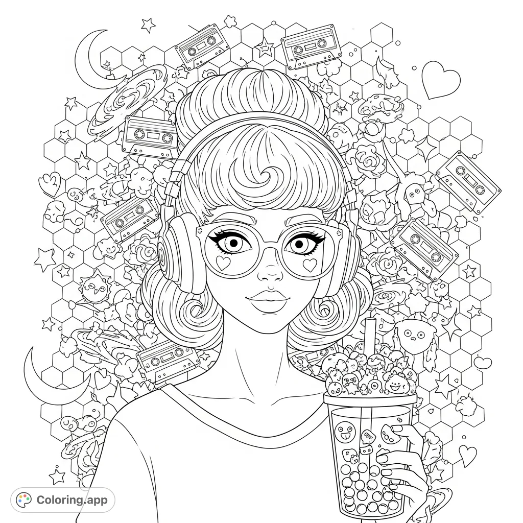 Dive into a surreal anime girl coloring page featuring a stylish teen with bubble tea, retro tech, and celestial elements amidst a vintage dreamscape.