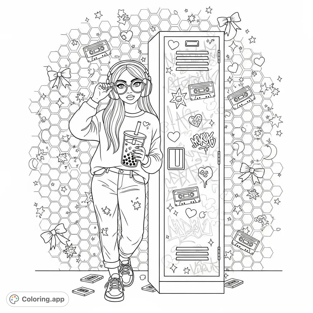 A stylish teen girl with oversized glasses and headphones leans against a locker adorned with retro elements, stars, and a surreal honeycomb background.