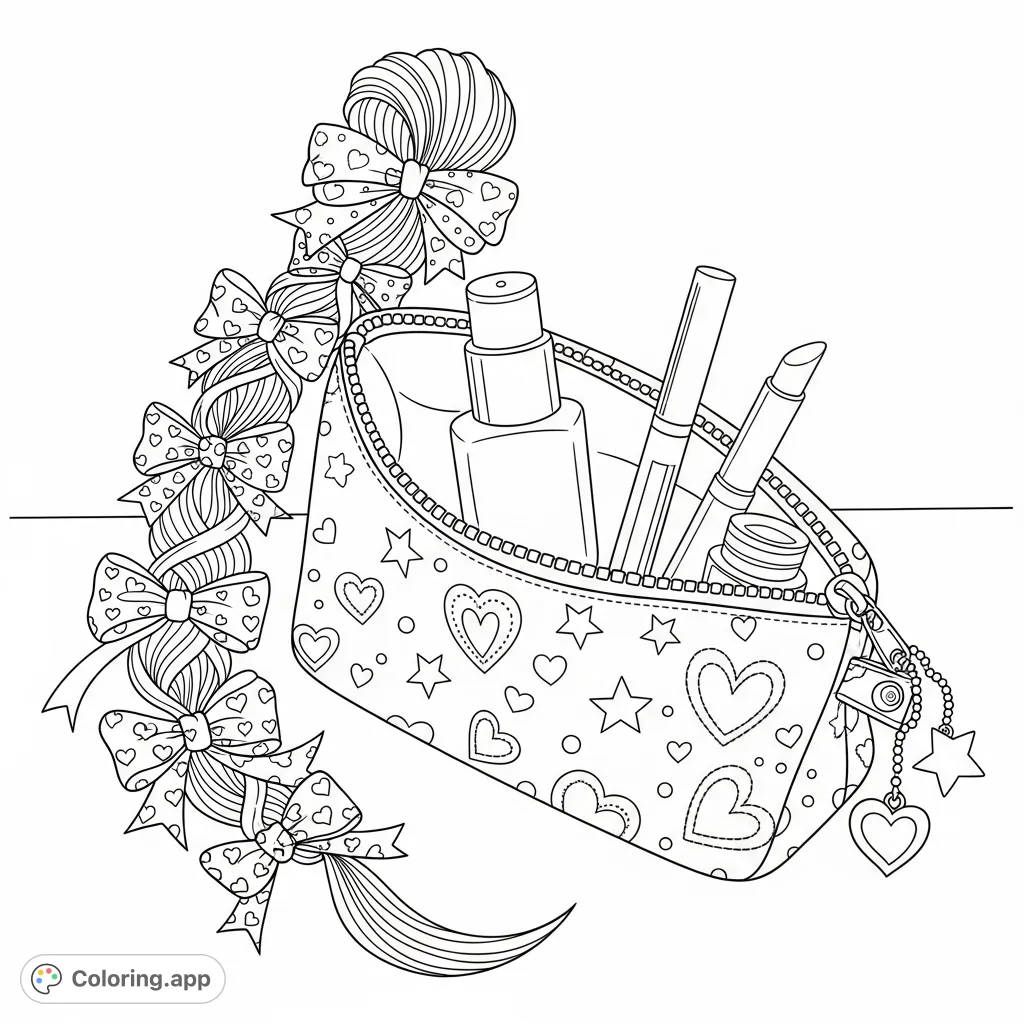 Discover a whimsical, vintage-inspired beauty pouch overflowing with charming essentials, adorned with hearts and stars. A delightful, free printable coloring page.