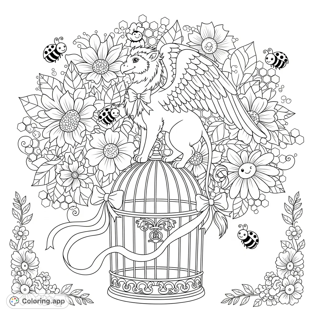 A whimsical griffin with feathered wings and a lion's body perches on an ornate vintage birdcage, surrounded by fantastical flowers, ladybugs, and bees.