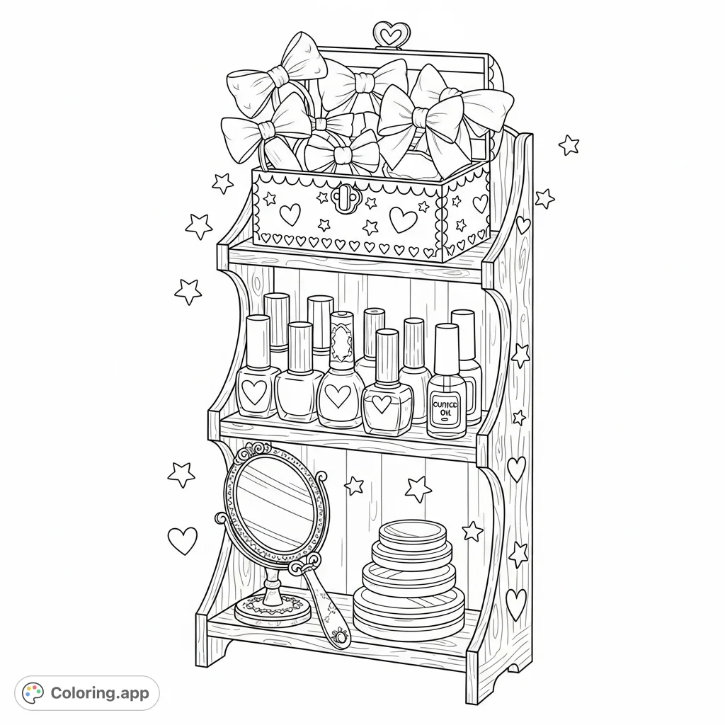 A charming, multi-tiered shelf displays vintage beauty products like hair bows, nail polishes, and compacts, adorned with whimsical hearts and stars.