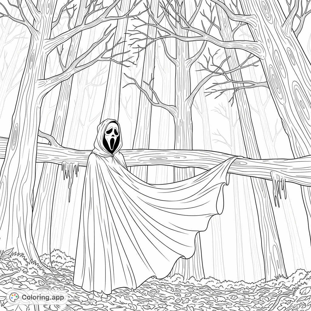A mysterious figure in a Ghostface mask and flowing cloak stands at the edge of a dense, gnarled forest, surrounded by fallen leaves and bare branches.