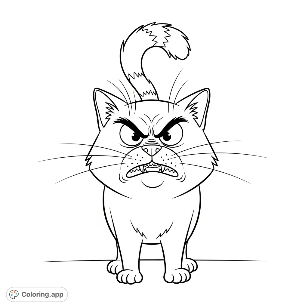 A comical, angry cat with a bushy tail. Its funny expression and flared whiskers make for a delightful, free printable coloring page perfect for kids and adults.