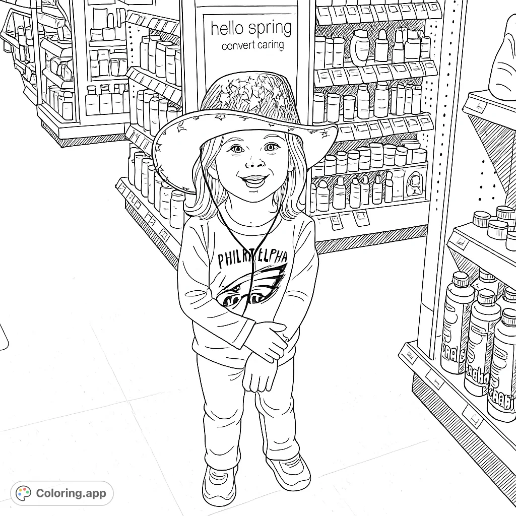 A cheerful child in a fun, star-patterned cowboy hat stands in a store aisle, ready for a creative coloring adventure. Perfect for young artists!