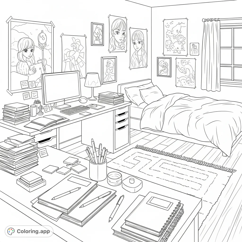 Step into a dream teen room! This detailed coloring page features a comfy bed, organized desk with a computer, and walls full of posters, perfect for personalization.