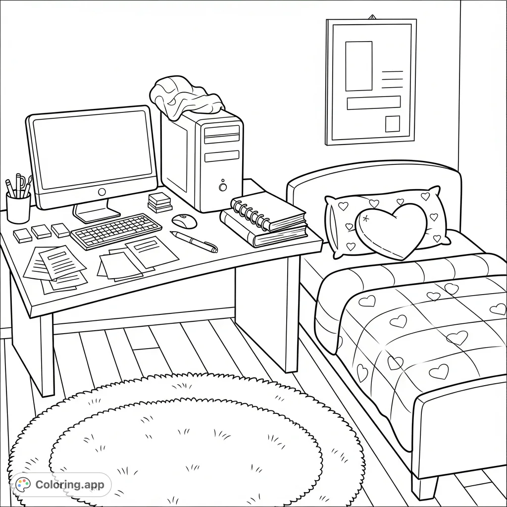 Explore a cozy teen girl's room with a desk, computer, stationery, plush bed, and decor. A detailed space ready for your creative touch!