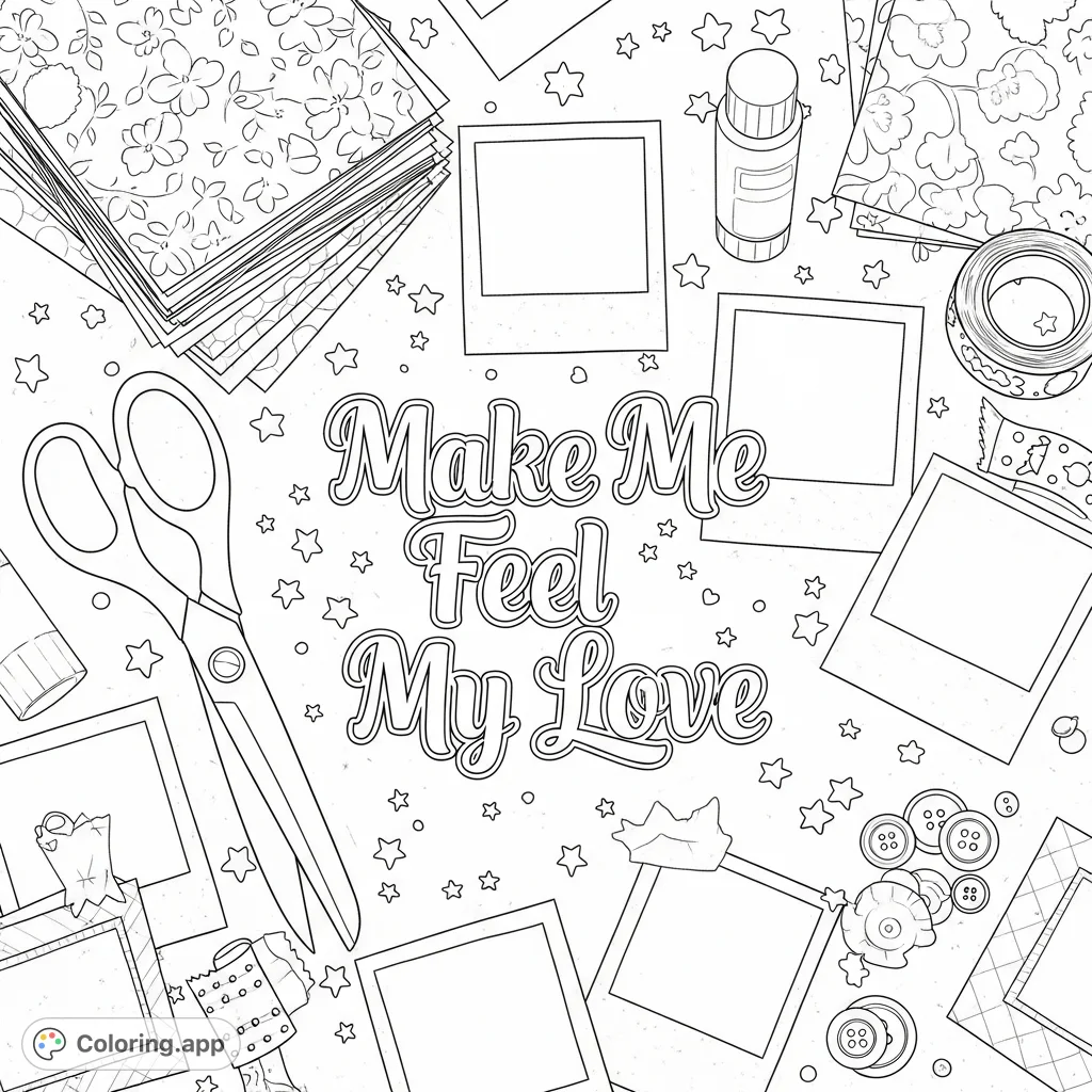 An overhead view of a cluttered crafting desk featuring scrapbook supplies, a prominent "Make Me Feel My Love" phrase, photo frames, and confetti.