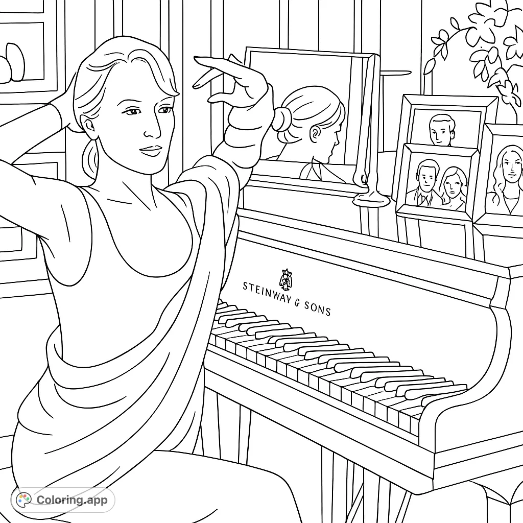 An elegant woman poses gracefully by a grand piano, surrounded by framed memories. A sophisticated coloring page for those who appreciate refined scenes.