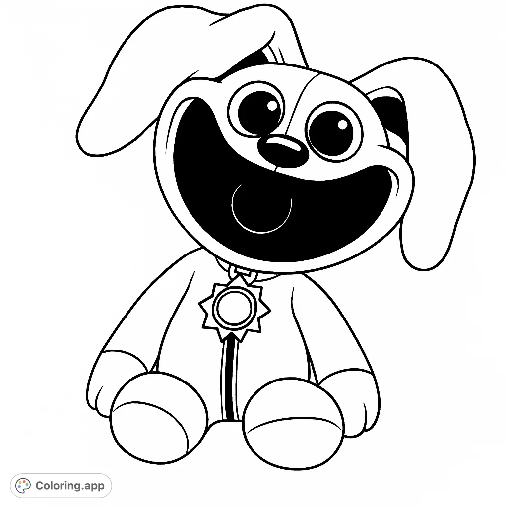 Color this cheerful plush character with a wide grin, floppy ears, and a sun emblem. A fun, expressive design for creative coloring.