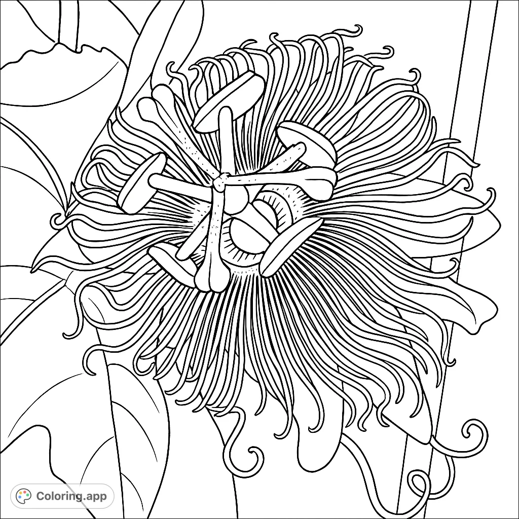 Discover the intricate beauty of an exotic passion flower. This detailed coloring page features delicate filaments and unique central structures, perfect for botanical enthusiasts.