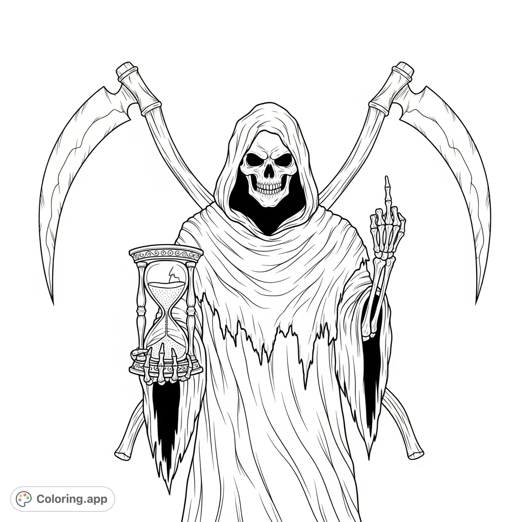 A menacing grim reaper, draped in a tattered robe, holds an hourglass and gives a defiant gesture, flanked by crossed scythes. A detailed and impactful scene.