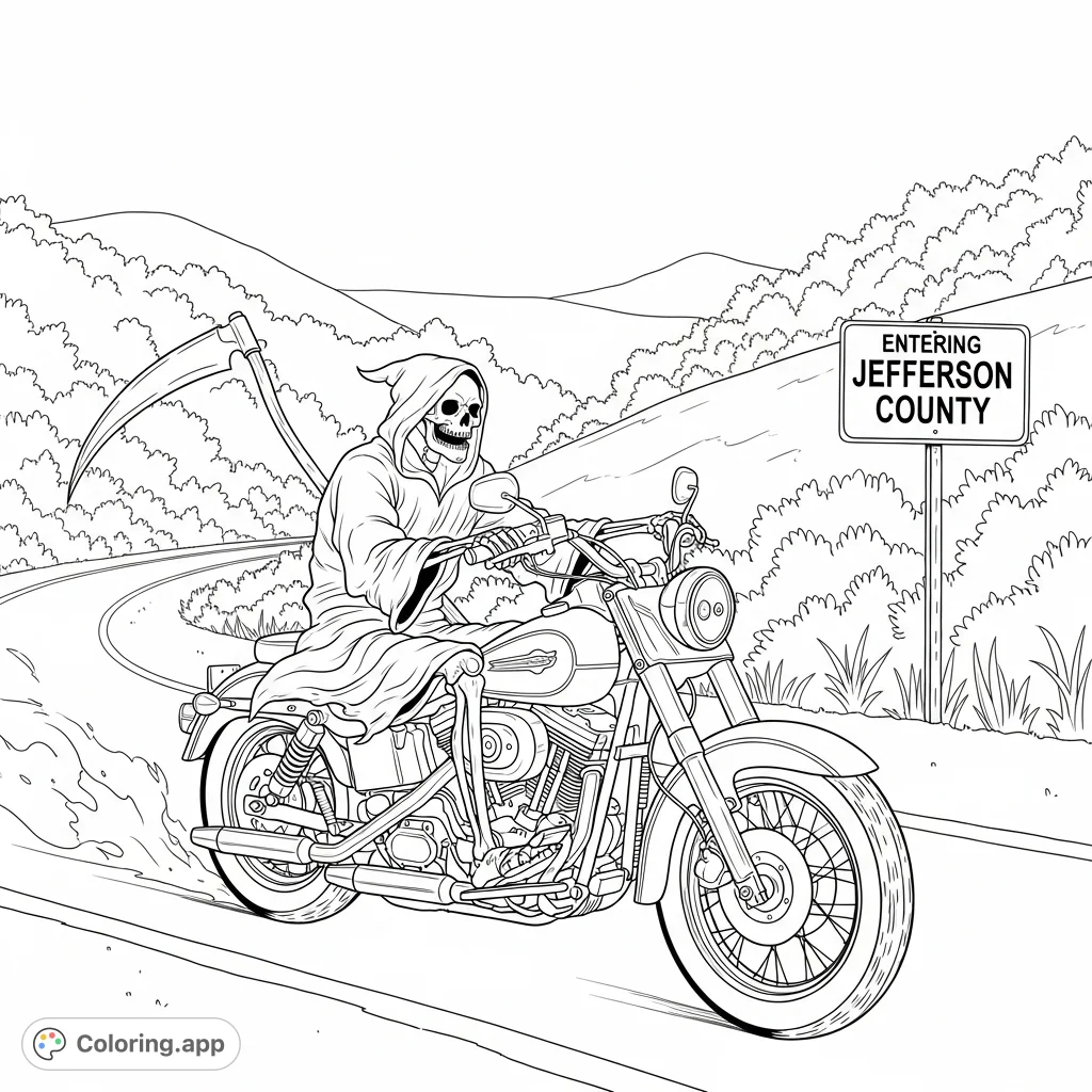 Experience the eerie journey of the Grim Reaper on a Harley Davidson through Ohio's hills. A unique Grim Reaper coloring page for adults.