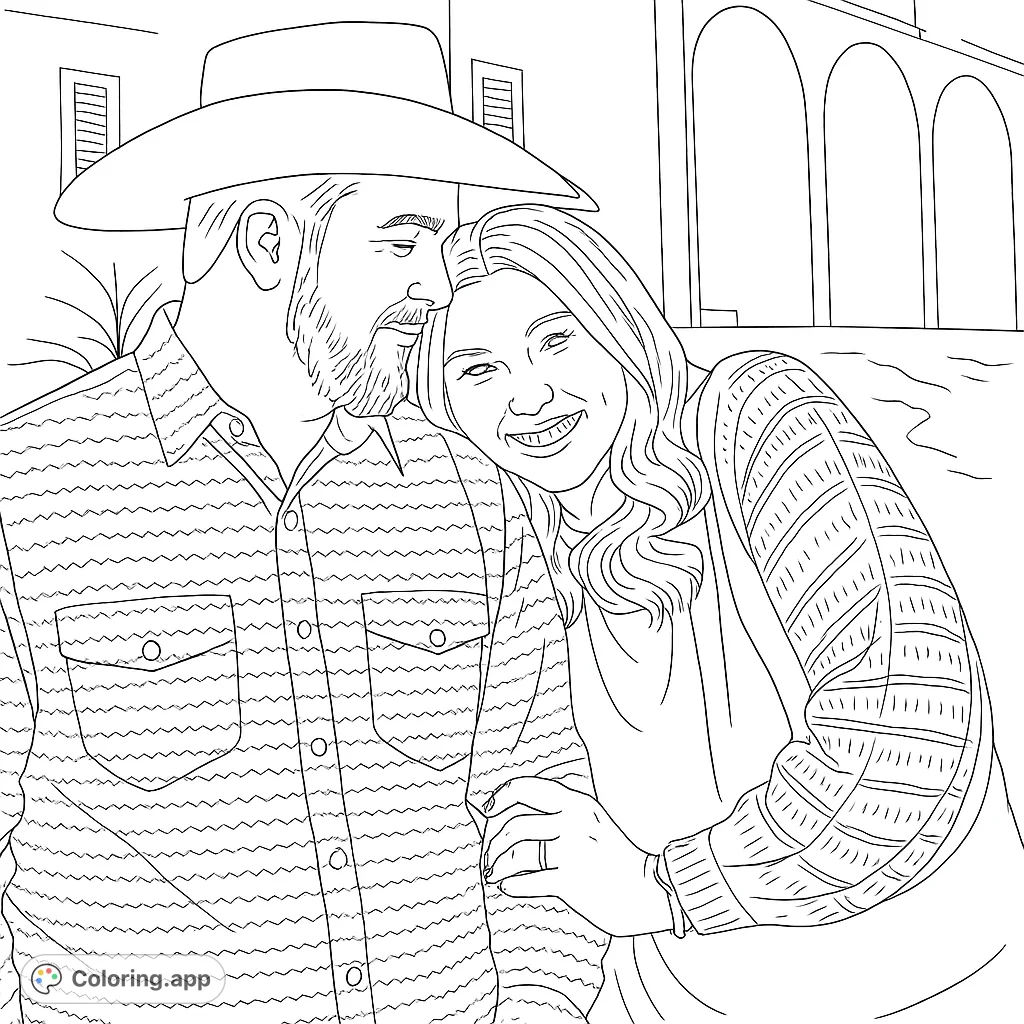 A heartwarming coloring page featuring a couple in an affectionate embrace, perfect for celebrating love and connection. Enjoy coloring their detailed outfits and expressions.
