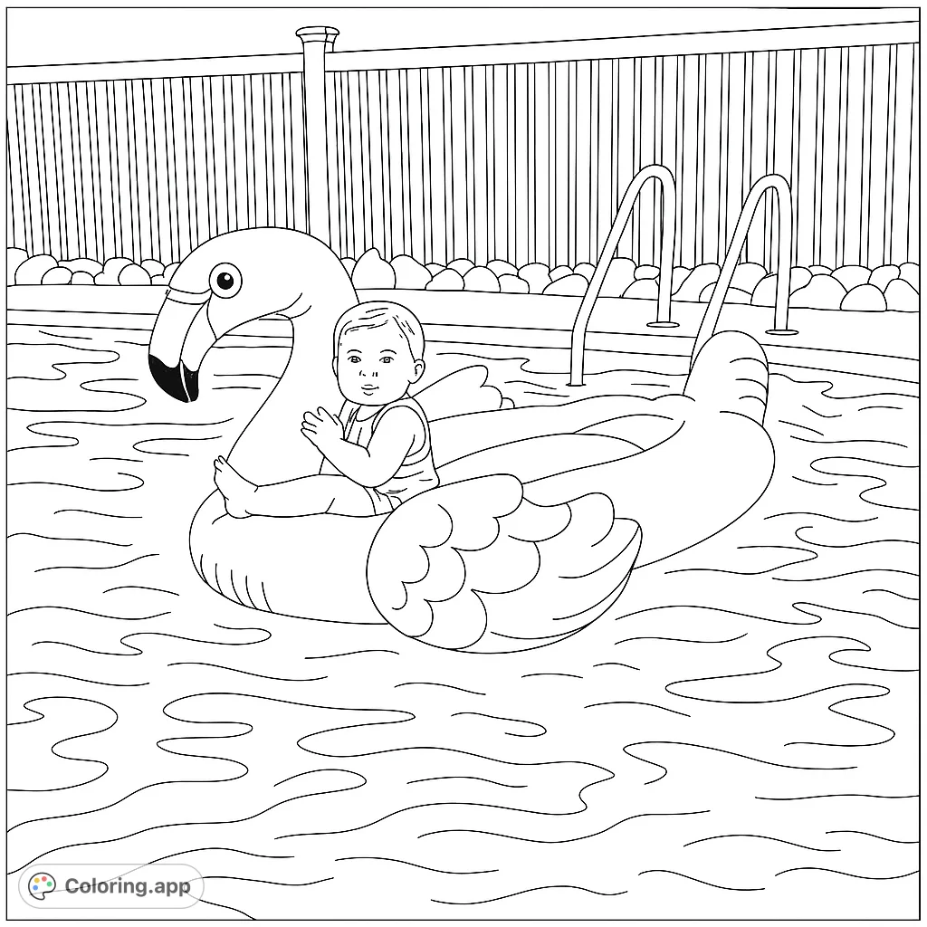 Baby Floating Coloring Baby on Flamingo Pool Float - Coloring.app