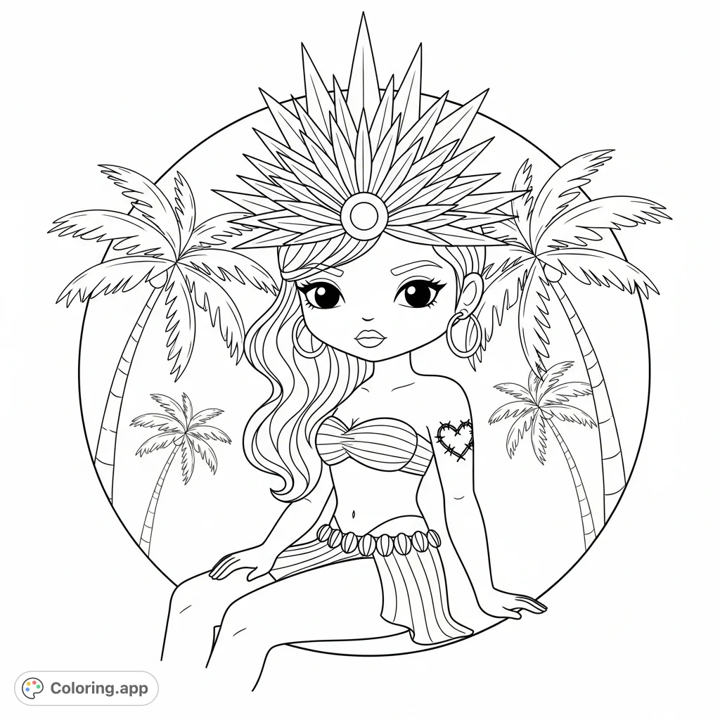 Discover a charming chibi-style character in a tropical setting, featuring a spiky headpiece, shell details, and a unique tattoo.