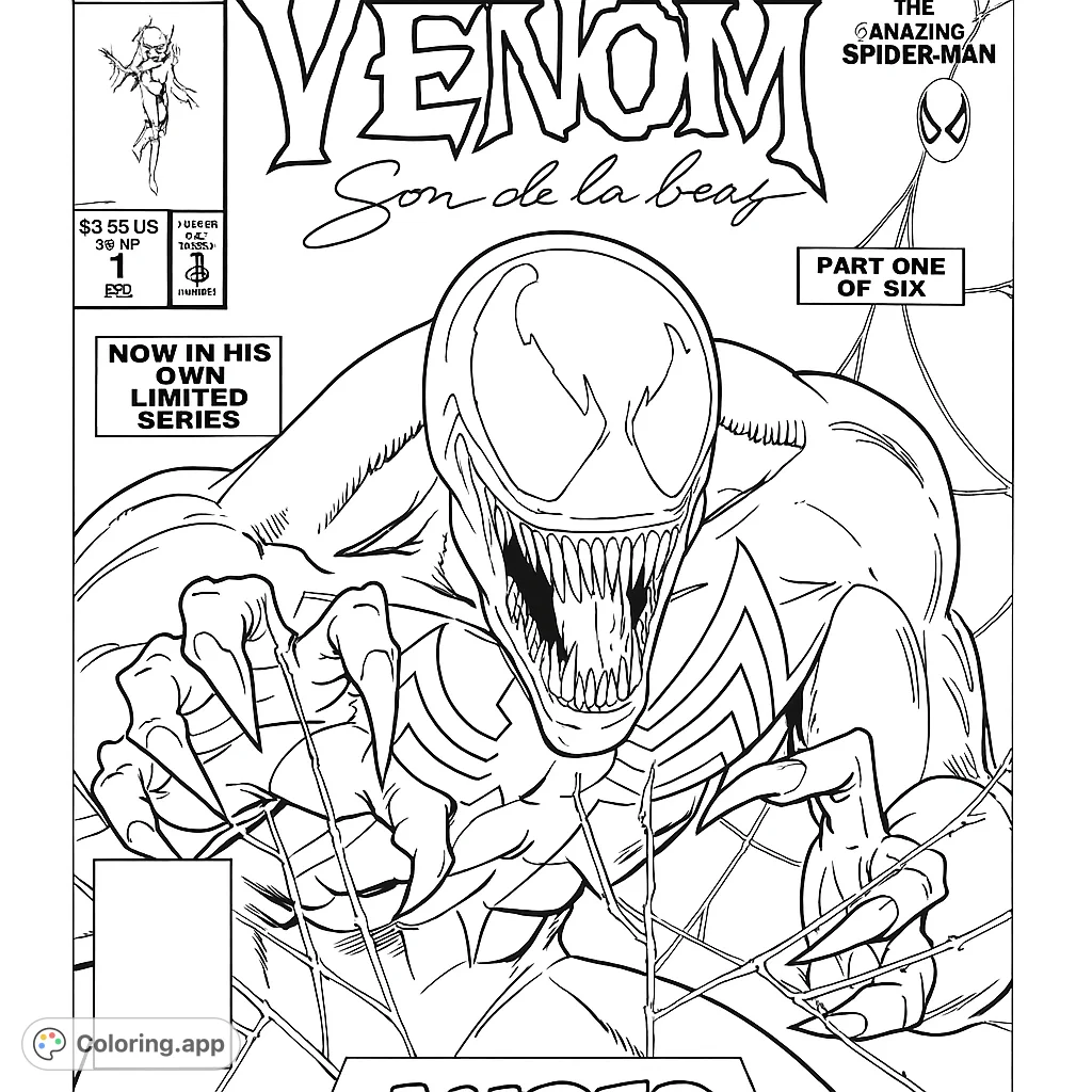 Unleash your creativity with this intense Venom coloring page, featuring the iconic character with sharp teeth and a powerful pose. Perfect for comic book fans.