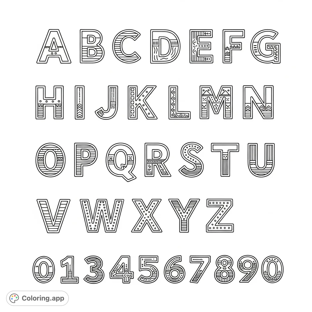 Explore a fun alphabet and numbers coloring page featuring all uppercase letters A-Z and numbers 0-10, perfect for learning and creative expression.