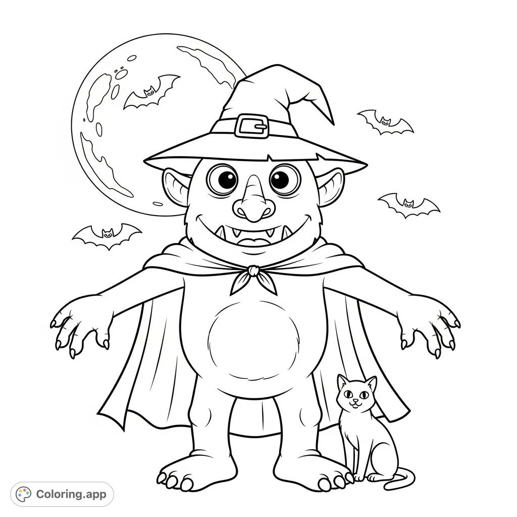 A delightful Halloween monster, complete with a witch hat and cape, stands beside its pet cat under a full moon with flying bats. Perfect for kids!