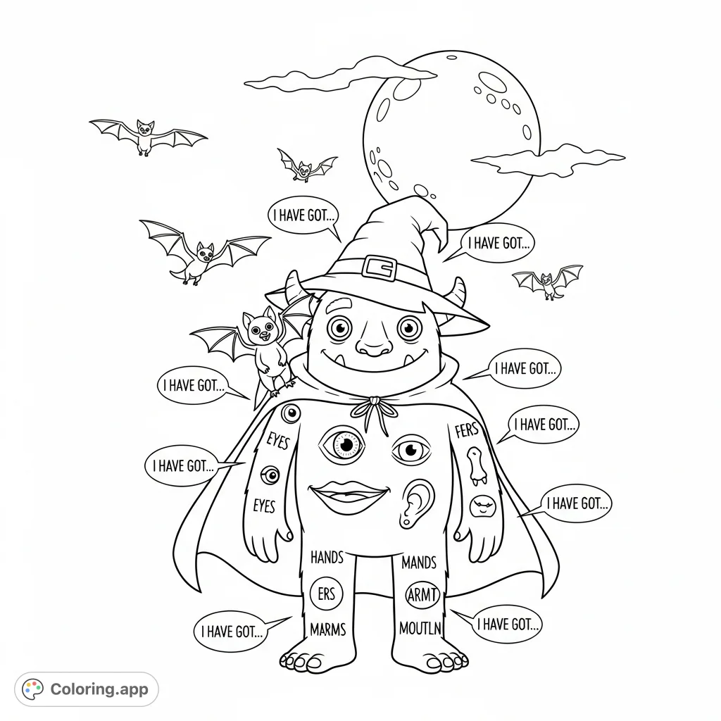 A friendly Halloween monster with a witch hat and cape, standing under a full moon, with body parts labeled for English learning. Perfect for kids!