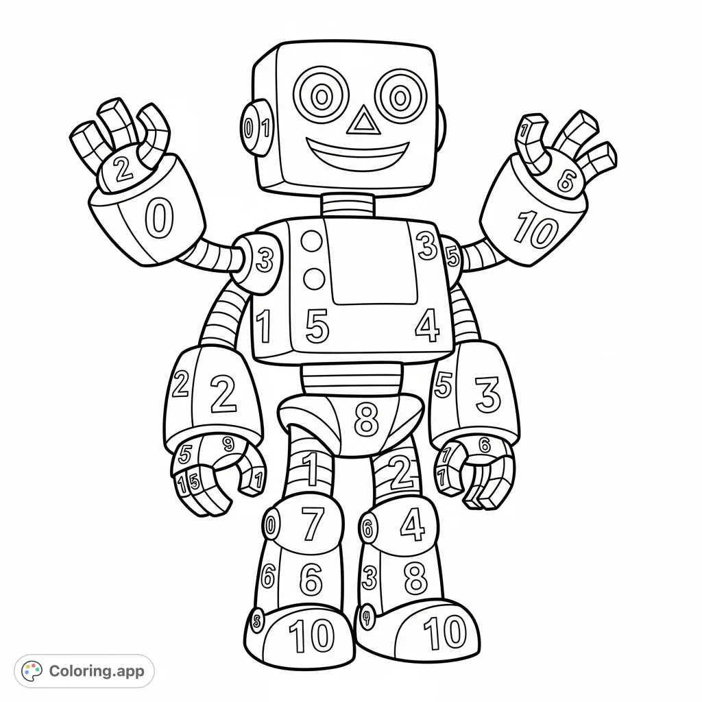 A cheerful, blocky robot with numbered sections for a fun color-by-number activity. Perfect for young children learning numbers and colors.