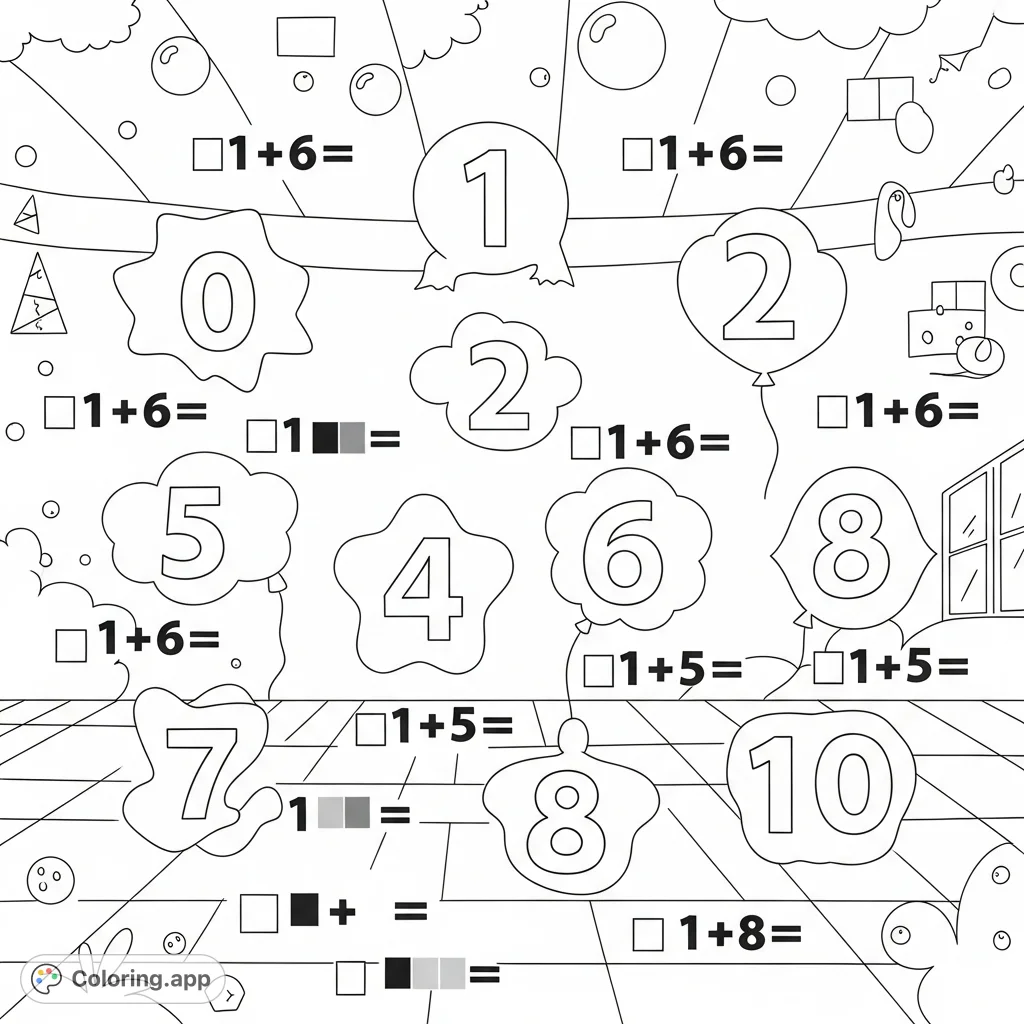 A delightful coloring page featuring numbers 0-10 and ten simple math problems with designated solution areas, perfect for learning and creative play.