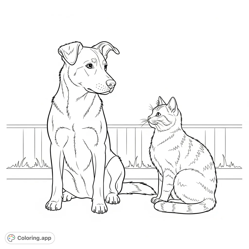 A heartwarming scene of a friendly dog sitting calmly beside its feline friend, perfect for pet lovers and animal enthusiasts. This free printable coloring page captures a sweet moment.