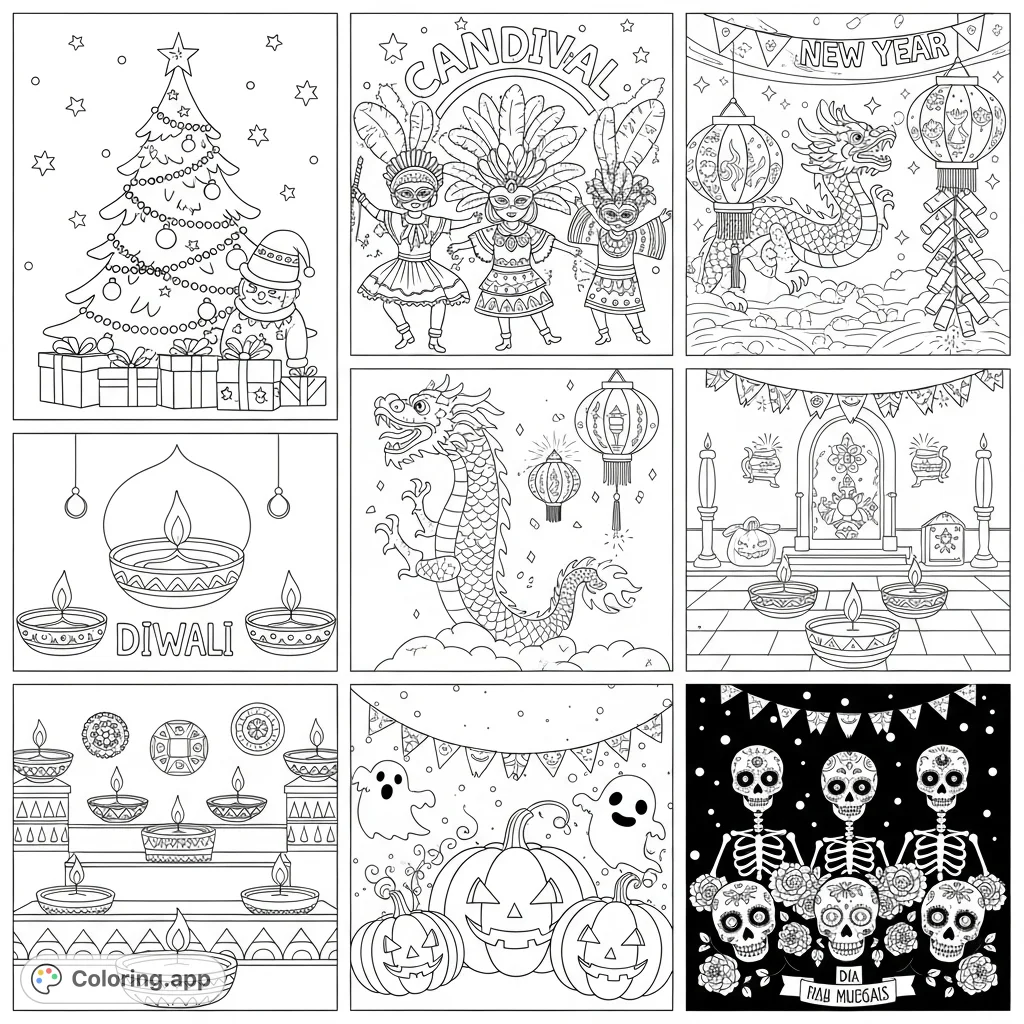 Discover six vibrant global festivals and traditions, from Christmas to Diwali, in one detailed coloring page. Celebrate world cultures with every stroke!