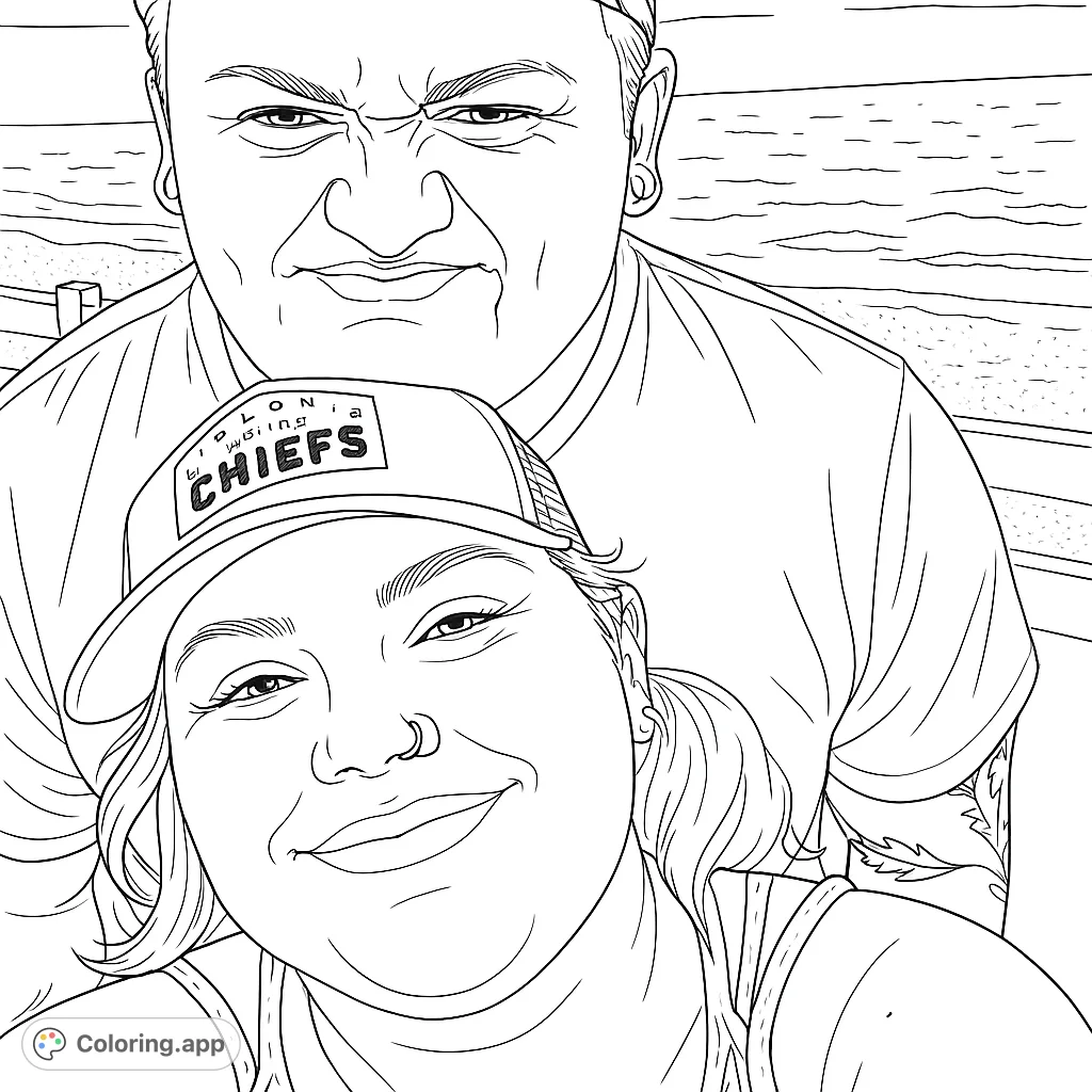 Capture a moment of joy with two friends on a beach, featuring playful expressions and a scenic ocean backdrop. Perfect for a relaxing coloring session.