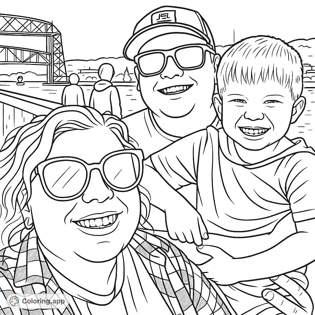 Capture a joyful family moment by the water with a prominent bridge in the background. Perfect for a relaxing coloring experience.