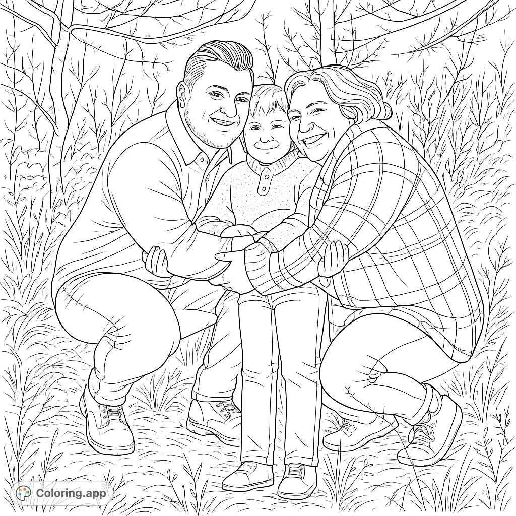 A heartwarming family portrait featuring two adults and a child embracing in a natural setting. Perfect for celebrating family bonds and creating cherished memories.