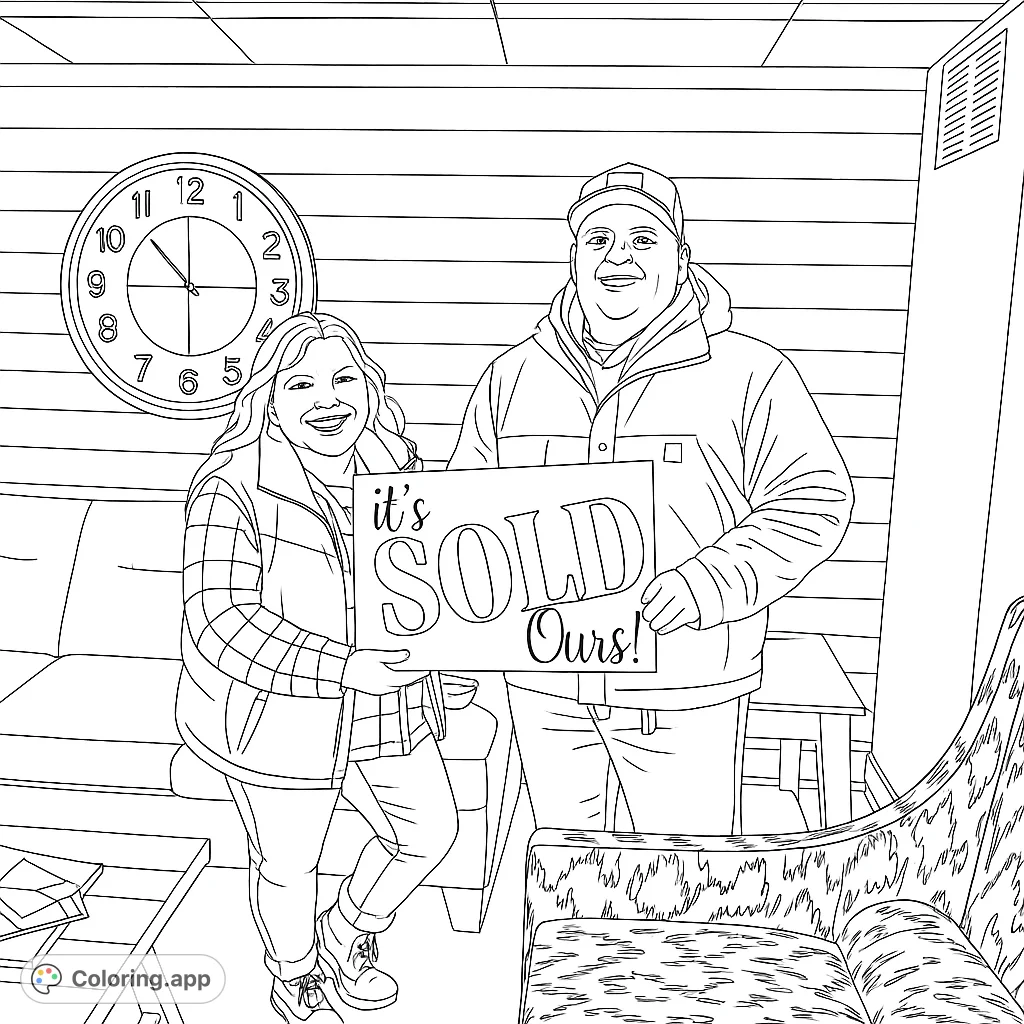 Celebrate a significant milestone with this homeownership coloring page featuring a happy couple and their 'SOLD' sign. Perfect for personalizing a special memory.