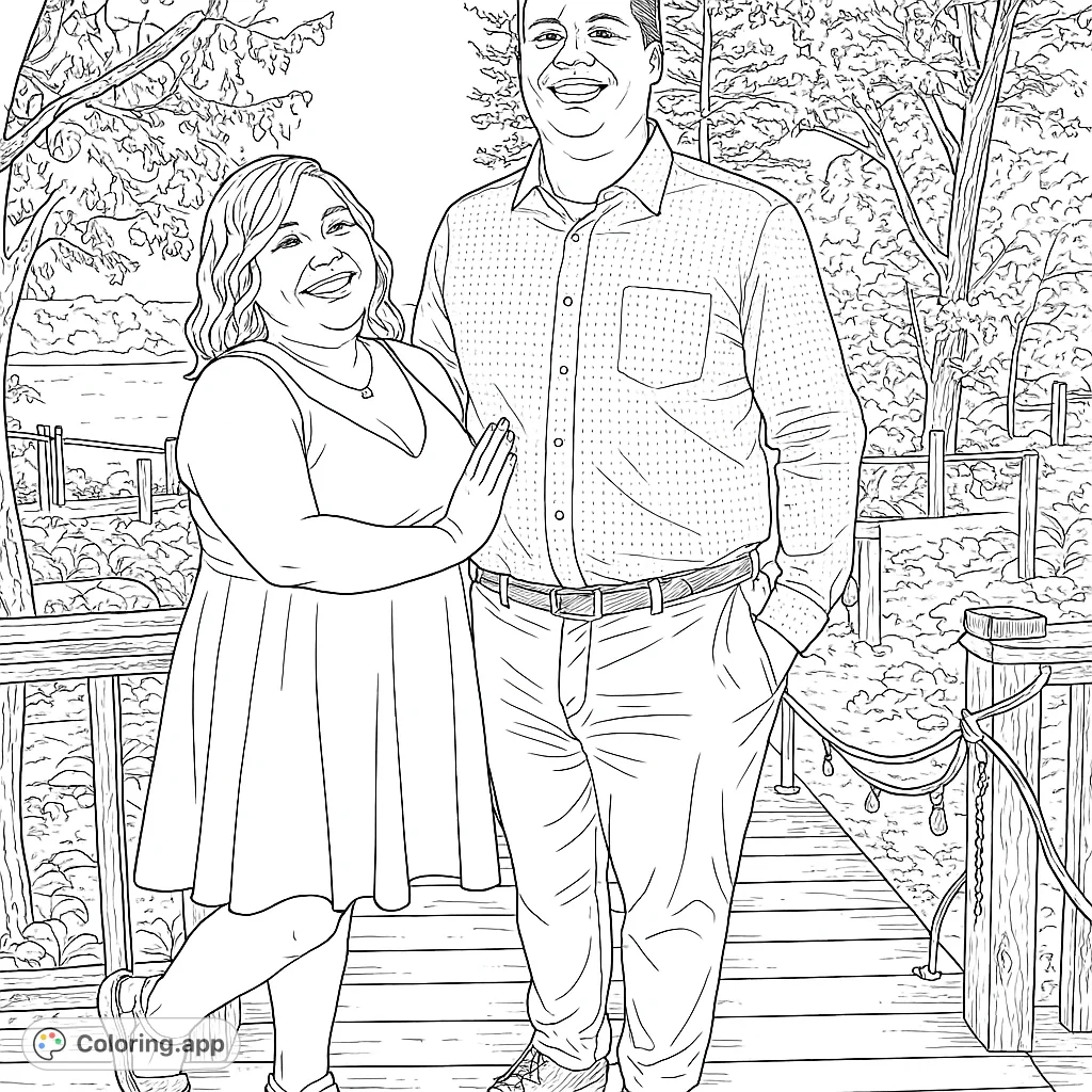 Capture a joyful moment with this couple on a scenic wooden deck. Perfect for celebrating relationships and adding your personal touch to their outdoor setting.